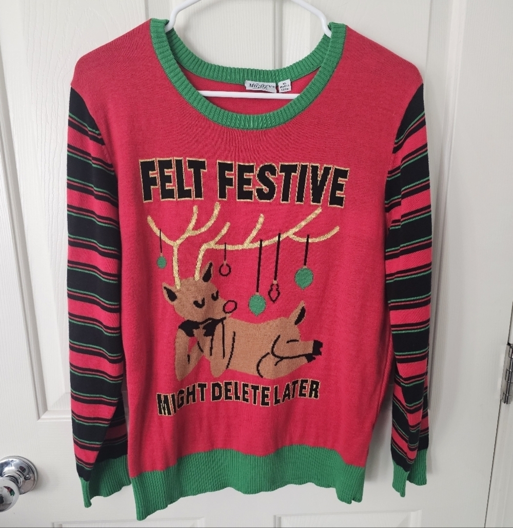 Ugly Christmas Sweater Felt Cute Reindeer Sweater Size XL